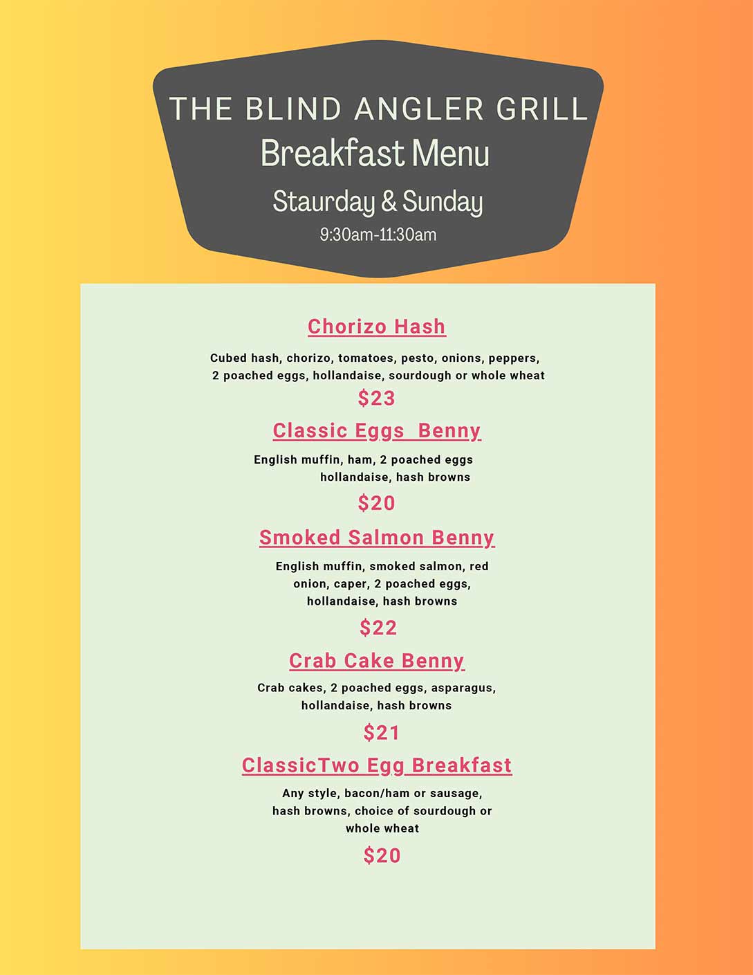 The Blind Angler Breakfast Menu
