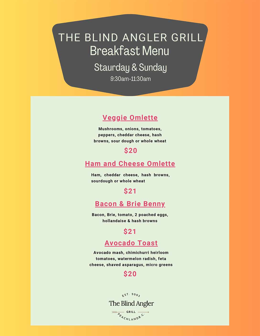 The Blind Angler Breakfast Menu